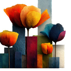 Modern 3D flower towers rise through a colorful geometric cityscape blending abstract architecture and nature with bold foam-like textures on a transparent background