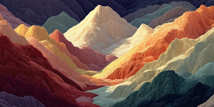  unique abstract mountain landscape comprised of geometric shapes and bold colors, creating a modern, embroidered, and textured appearance.