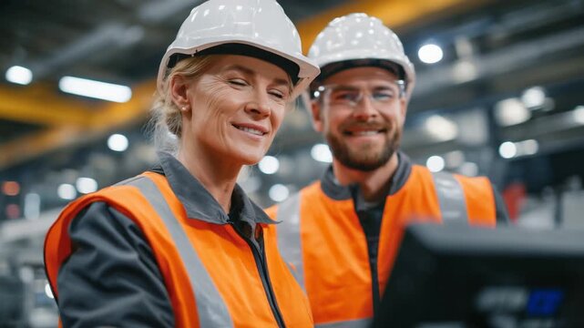 Factory technicians in safety gear inspect a high-precision CNC machine, illuminated by glowing control panels in a bustling environment.