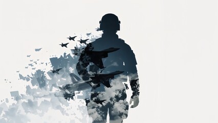 Pilot Salute Silhouette with flying fighter jets Military Airplane Patriotic Airforce Aviation Weapon War Soldier Authority