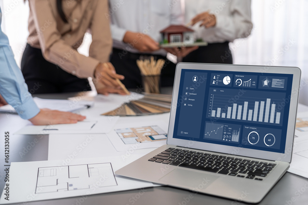 Poster group of interior architect designer discussing together on blueprint and laptop screen display arch