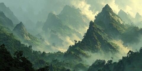 Lush hills, green landscape, misty blue mountains, open pastoral scene
