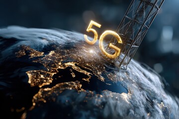 Global network connectivity advances with 5G technology illuminated over Europe at night