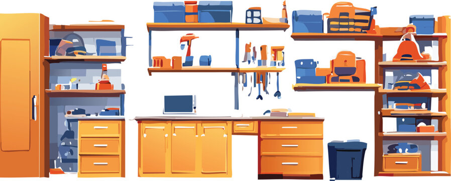 Organized Garage Workspace with Tools, Shelving, and Workbench