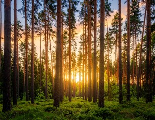 Obraz premium Golden sunlight through pine trees