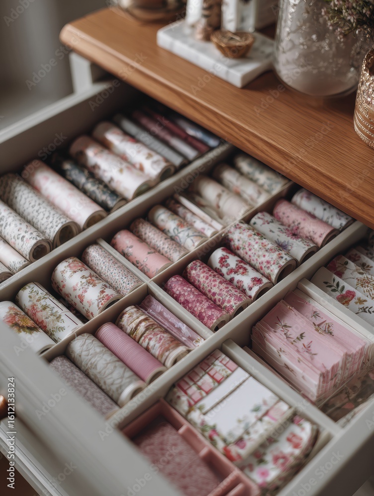 Poster Crafting Essentials Arranged in a Neatly Organized Drawer With Soft Tones and a Blank Space for Versatility