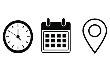 Time Management and Location Planning Icons for Business and Personal Use Clock Calendar and Map Pointer Symbols