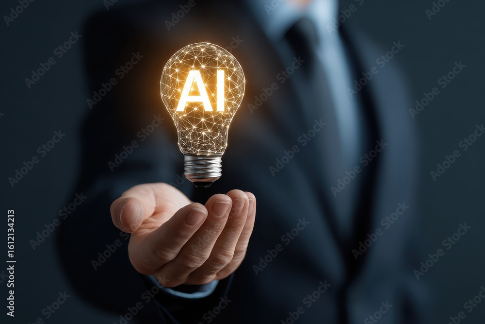 Aufkleber businessman showcases glowing lightbulb symbolizing artificial intelligence in a modern setting emph