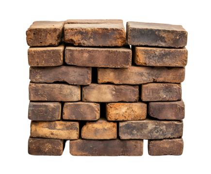 Stacked Aged Bricks on a Plain Background, Showing Weathered Textures and Earthy Tones, Ideal for Construction on transparent background