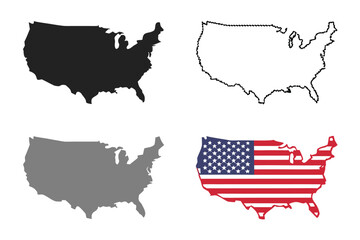 United States of America Map Collection in Different Styles Black Outline Grey and Flag Illustration for Graphic Design Projects