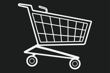 White shopping cart icon on black background representing retail and commerce industry and shopping experience for consumers