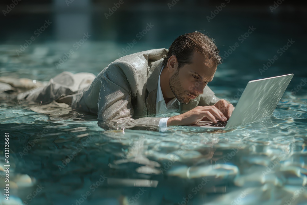 Poster man in a suit working diligently on a laptop while floating in water during a sunny day at a luxurio
