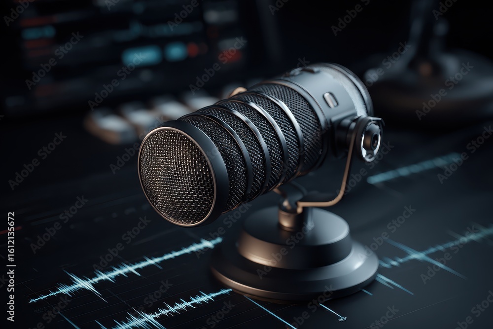 Poster modern podcast setup featuring a microphone with audio wave elements in a dark studio environment