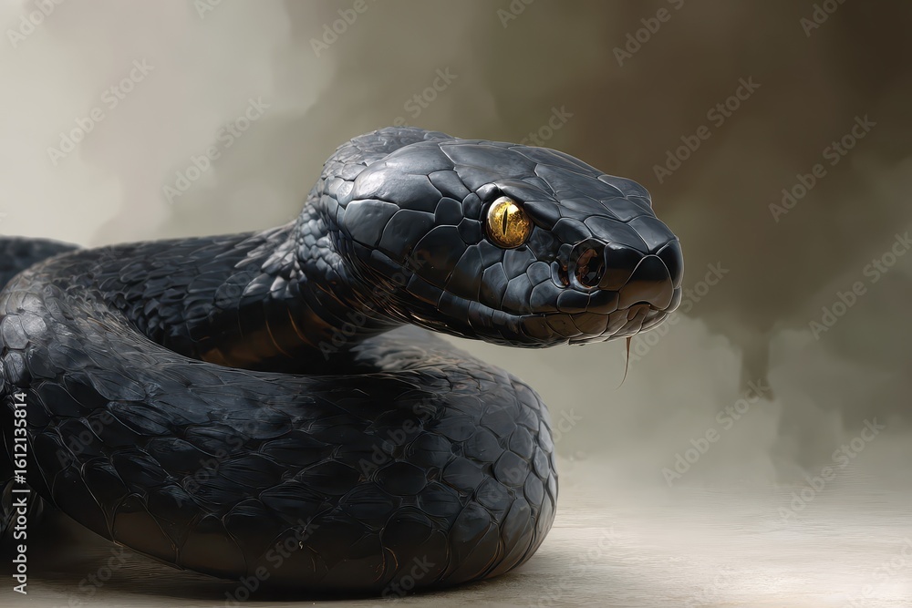 Poster black snake coils on a textured surface displaying intricate scales and sharp features, captivating 