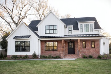 Modern farmhouse design with a blend of brick and white siding surrounded by a lush yard, showcasing architectural elements in the afternoon sun