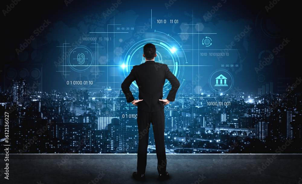 Poster cybersecurity system interface with biometric lock and data protection. cybersecurity protects acces