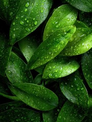 Fototapeta premium Lush green leaves with fresh water droplets, showcasing vibrant textures and a refreshing look.