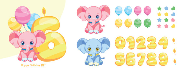 KIT for creating festive designs with a elephant. Cute flat style with variations of numbers, elements, and elephants. Create a birthday card. Festive candles, balloons, and garlands. 35 elements