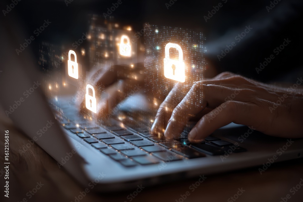 Poster closeup of hands typing on a laptop with digital security icons illuminated, symbolizing online safe