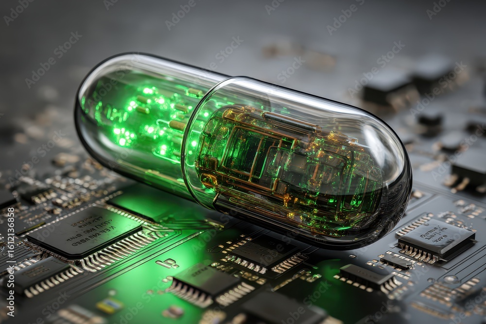 Poster futuristic transparent capsule showcasing glowing green elements resting on a complex circuit board 