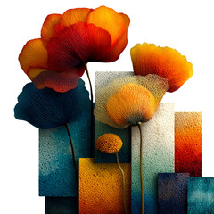 Modern 3D flower towers rise through a colorful geometric cityscape blending abstract architecture and nature with bold foam-like textures on a transparent background