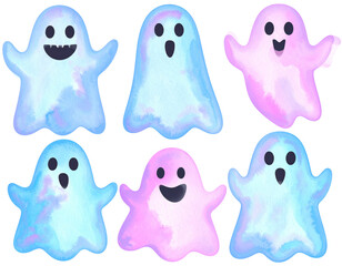 Cute Ghost Set Halloween Aesthetic Neon Blue Pink Purple Handmade painting transparent