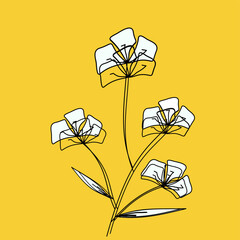 Minimalist black floral line art with four abstract flowers on a bright sunny yellow background. A vibrant, modern design perfect for decor, stationery, and stylish art prints.