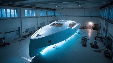 Yacht under construction. Futuristic boat prototype suspended in a large hangar with bright interior lighting. Design phase. Craftsmanship.