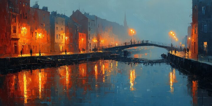 enchanting European city canal at night, with glowing streetlights reflecting off the water and arching bridges, creating a warm, inviting atmosphere.