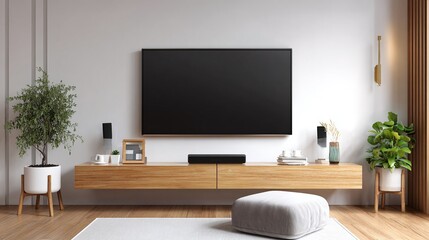 Modern living room interior with a large television, floating wooden console, plants, and minimalist decor against a white wall. Clean lines and natural light.