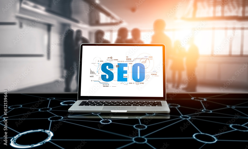 Aufkleber seo search engine optimization for modish e-commerce and online retail business showing on computer 