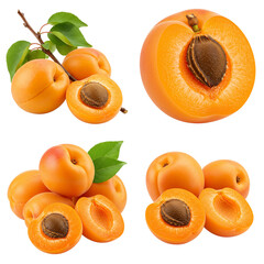 Fresh apricots with leaves arranged in various angles and views. Set isolated on transparent background 