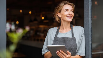 Portrait of a happy waitress standing at restaurant entrance holding digital tablet. Happy mature woman owner in grey apron standing at coffee shop entrance leaning while looking away with copy space