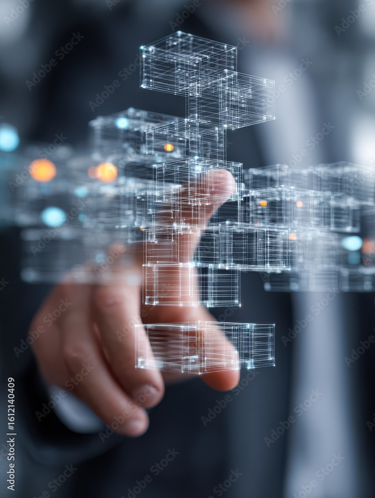 Poster businessman touching structure of business technology on data network to adapt implement new policie