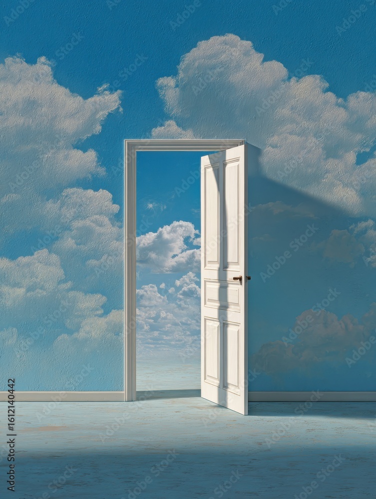 Poster an open door on the right side of an empty blue wall with clouds in the background