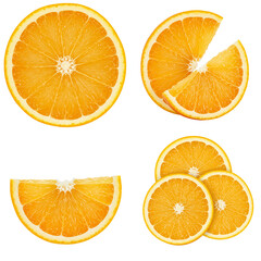 Orange fruit slices arranged isolated on transparent background, Set