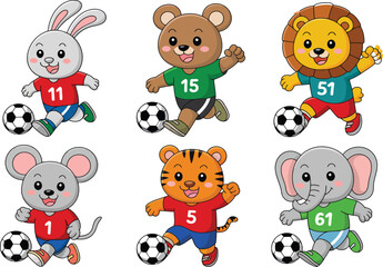 Cute cartoon animals playing soccer rabbit, bear, lion, mouse, tiger, and elephant