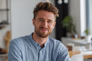 Cheerful male copywriter smiles confidently at the camera in a modern office setting during daytime, showcasing a friendly and creative atmosphere