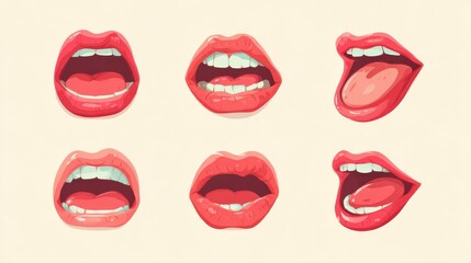 Cartoon character mouth and lips sync for sound pronunciation. Vector set animation frames. Teaching talk letters illustration, no logos, no brands