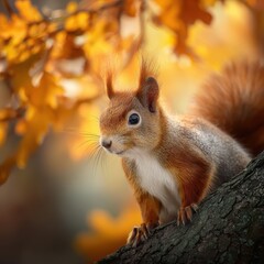 Fototapeta premium cute portrait with beautiful fluffy red squirrel sitting in autumn Park on a tree oak with bright Golden foliage