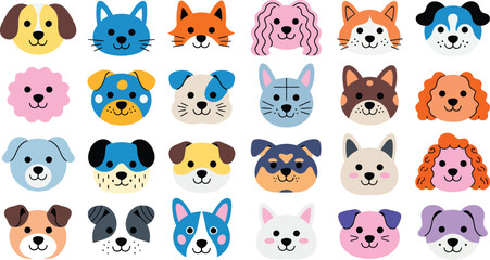 Obraz premium Cute cartoon dog faces set. Collection of various puppy head icons and avatars.