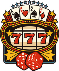 Fototapeta premium Casino slot machine with lucky 777 jackpot and poker cards illustration