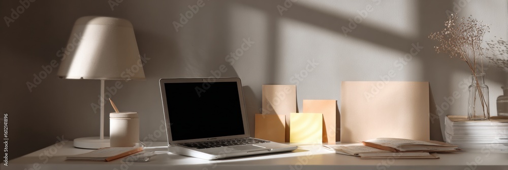 Poster minimalist study space featuring a laptop and organized sticky notes in calm tones designed for focu
