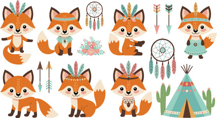 Obraz premium Cute boho tribal fox character set with woodland elements like teepees and dreamcatchers
