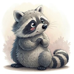 A chubby raccoon with fluffy gray and black fur, sitting with its striped tail curled around its paws. It has large, round eyes with a playful sparkle and a tiny black nose
