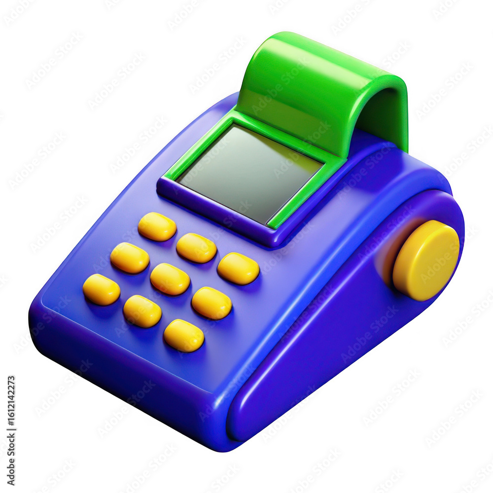 Poster 3d vintage cash register with colorful buttons isolated on transparent background