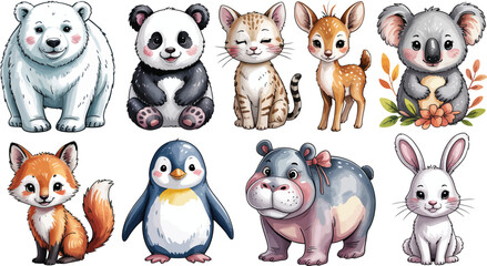 Obraz premium Cute cartoon baby animal collection. Watercolor style characters for nursery decor and kids illustration.