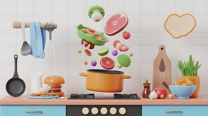 Vibrant ingredients artfully cascade into a cheerful orange pot on a modern kitchen stove creating a delightful culinary scene