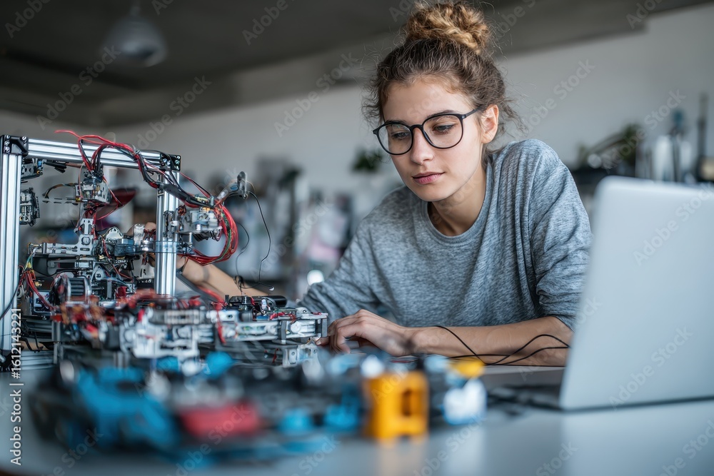 Poster young woman engineer focuses on robotics project in modern workspace while programming and assemblin