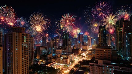 Chinese New Year fireworks over Makati at night, in Metro Manila, The Philippines., no logos, no brands